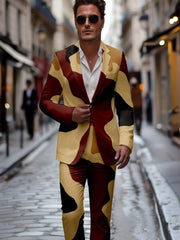 Polyester Slim Fit Party Suit for Men, Fall/Winter Long Sleeve Lapel Collar with Regular Sleeve and Non - Stretch Fabric, 2pcs Set with Digital Random Print Pattern, Laser Cut Printed Jacket and Pants for Hip Hop Outerwear and - SHOWLU FASHION STORE
