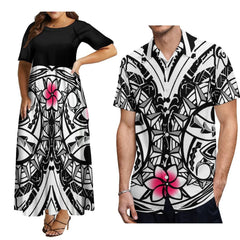 Polynesian Match Couple Suit Women'S Crew Neck Dress Plus Size 8xl Elegant Dress And Men'S Button - Down Shirt Shipping Free - SHOWLU FASHION STORE