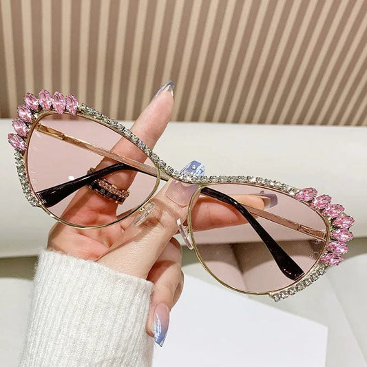 Popular Y2K Vintage Diamond Cat Eye Sunglasses Women For Female Metal Sun Glasses Punk Luxury Brand Designer Pink Crystal Shades - SHOWLU FASHION STORE