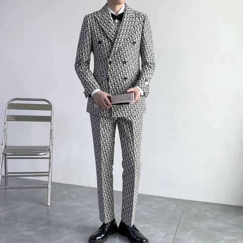 Printed Letter Men Suits Slim Fit Double Breasted Groom Tuxedos For Wedding 2 Pcs Male Fashion Costume Jacket With Pants 2024 - SHOWLU FASHION STORE
