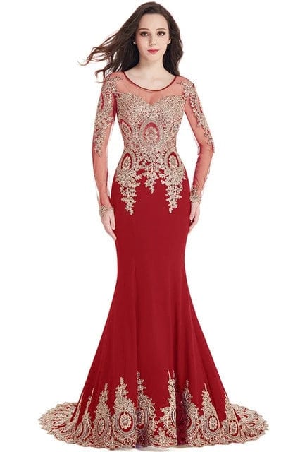 Purple Mermaid Prom Dresses Women Beaded Lace Applique Red Long Sleeve Backless Elegant Formal Evening Party Gown Robe De Soirée - SHOWLU FASHION STORE