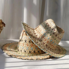 Raffia straw hat for women Bohemian colorful stitched straw hat ladies vacation sun hat beach summer vacation jazz hat panama - SHOWLU FASHION STORE