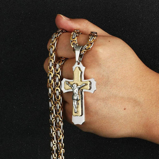 Religious Catholic Crucifix Jesus Cross Necklace for Men Cross Pendent with Bible Necklace Men Byzantine Chain Jewelry Gifts - SHOWLU FASHION STORE