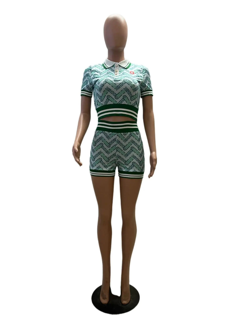 Retro Casual 2 Piece Sets Womens Outfits Spring Summer Digital Print Turn Down Collar Short Top+ Ribbed High - waisted Shorts Sets - SHOWLU FASHION STORE