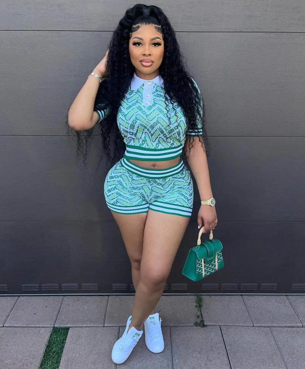 Retro Casual 2 Piece Sets Womens Outfits Spring Summer Digital Print Turn Down Collar Short Top+ Ribbed High - waisted Shorts Sets - SHOWLU FASHION STORE