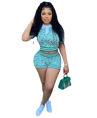 Retro Casual 2 Piece Sets Womens Outfits Spring Summer Digital Print Turn Down Collar Short Top+ Ribbed High - waisted Shorts Sets - SHOWLU FASHION STORE