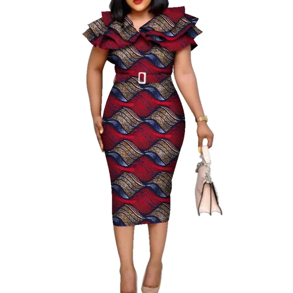 Riche African Ruffles Collar Belt Dresses for Women Dashiki Print Dress Vestidos Women Wedding African Clothing WY5740 - SHOWLU FASHION STORE