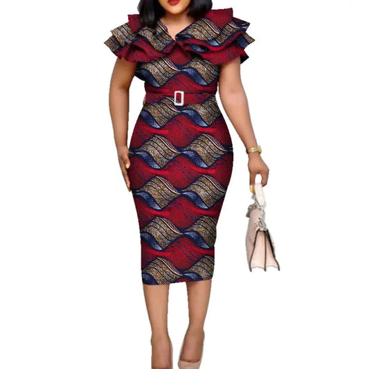 Riche African Ruffles Collar Belt Dresses for Women Dashiki Print Dress Vestidos Women Wedding African Clothing WY5740 - SHOWLU FASHION STORE