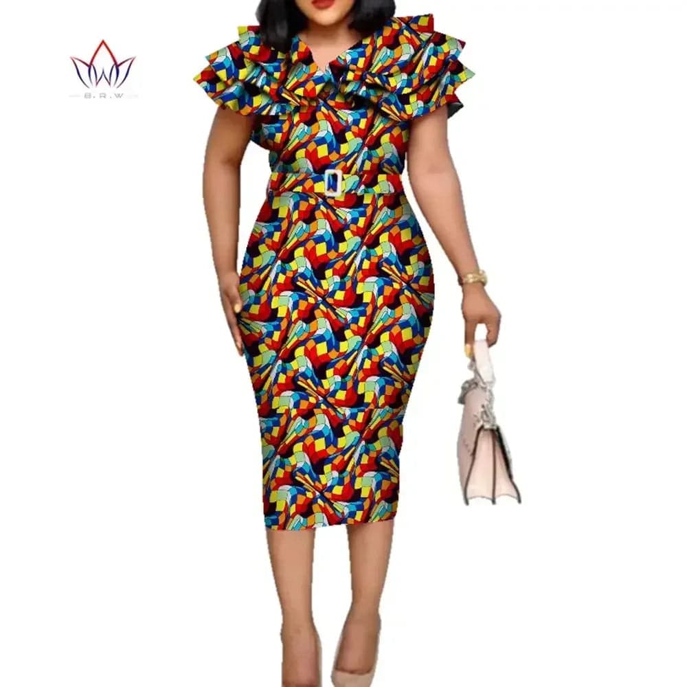 Riche African Ruffles Collar Belt Dresses for Women Dashiki Print Dress Vestidos Women Wedding African Clothing WY5740 - SHOWLU FASHION STORE