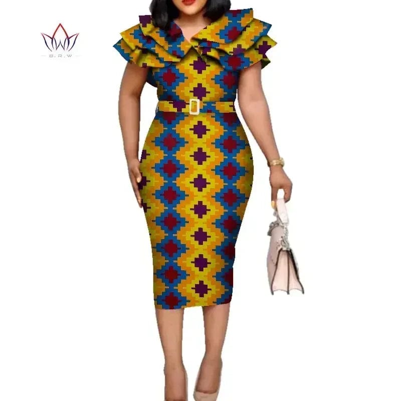 Riche African Ruffles Collar Belt Dresses for Women Dashiki Print Dress Vestidos Women Wedding African Clothing WY5740 - SHOWLU FASHION STORE