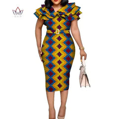 Riche African Ruffles Collar Belt Dresses for Women Dashiki Print Dress Vestidos Women Wedding African Clothing WY5740 - SHOWLU FASHION STORE