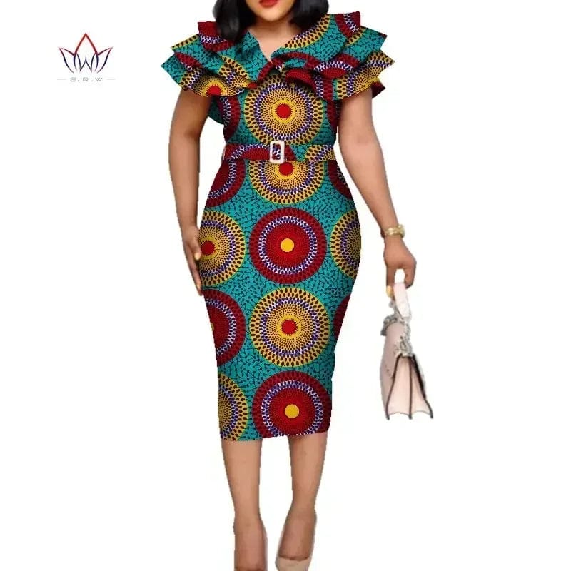 Riche African Ruffles Collar Belt Dresses for Women Dashiki Print Dress Vestidos Women Wedding African Clothing WY5740 - SHOWLU FASHION STORE