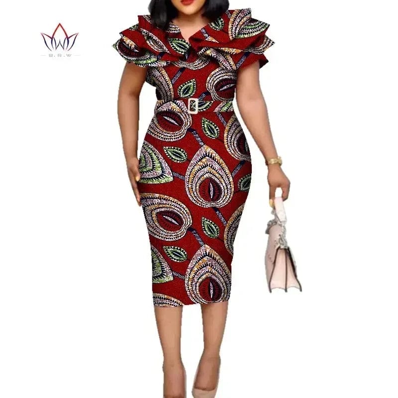 Riche African Ruffles Collar Belt Dresses for Women Dashiki Print Dress Vestidos Women Wedding African Clothing WY5740 - SHOWLU FASHION STORE
