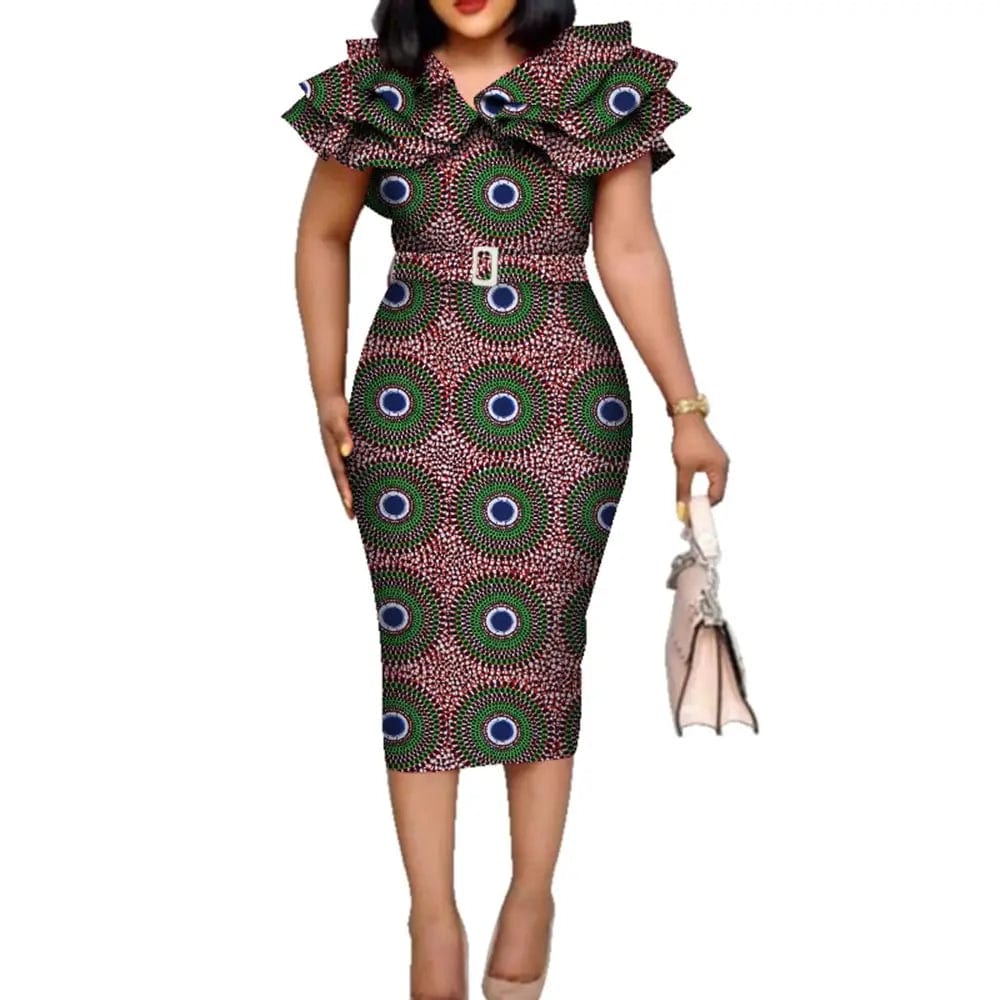 Riche African Ruffles Collar Belt Dresses for Women Dashiki Print Dress Vestidos Women Wedding African Clothing WY5740 - SHOWLU FASHION STORE