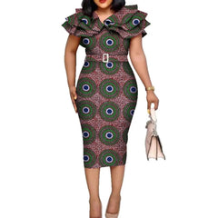 Riche African Ruffles Collar Belt Dresses for Women Dashiki Print Dress Vestidos Women Wedding African Clothing WY5740 - SHOWLU FASHION STORE