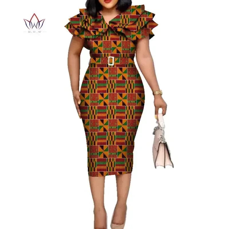 Riche African Ruffles Collar Belt Dresses for Women Dashiki Print Dress Vestidos Women Wedding African Clothing WY5740 - SHOWLU FASHION STORE