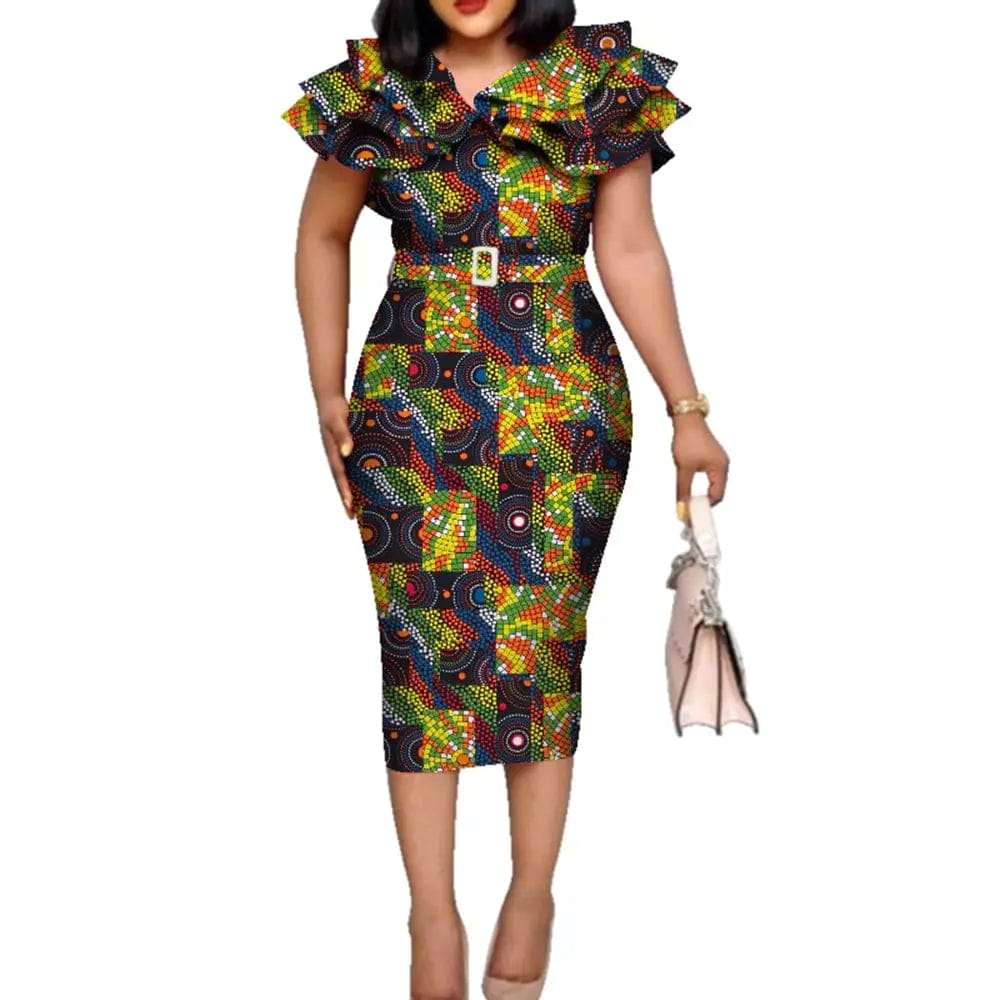 Riche African Ruffles Collar Belt Dresses for Women Dashiki Print Dress Vestidos Women Wedding African Clothing WY5740 - SHOWLU FASHION STORE