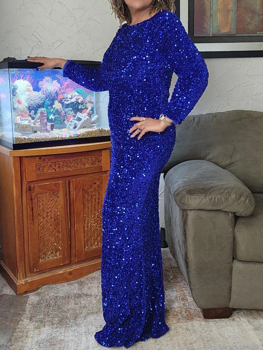 Romagic Elegant Women Modest Stretch Sequin Royal Blue Wedding Prom Gown Long Sleeves Mermaid Formal Evening Party Dress 2024 - SHOWLU FASHION STORE