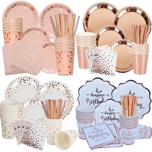 Rose Gold birthday Tableware Paper Towel Cup Plate tablecloth Disposable set Adult Birthday Party Decorations Wedding Tableware - SHOWLU FASHION STORE
