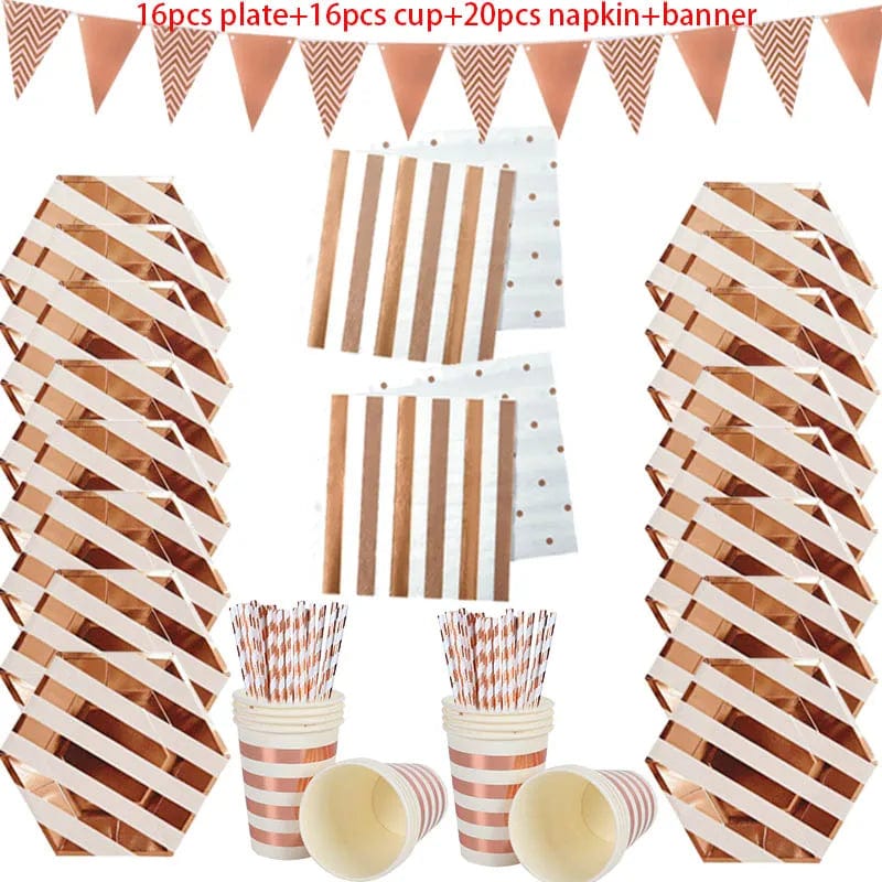 Rose Gold birthday Tableware Paper Towel Cup Plate tablecloth Disposable set Adult Birthday Party Decorations Wedding Tableware - SHOWLU FASHION STORE