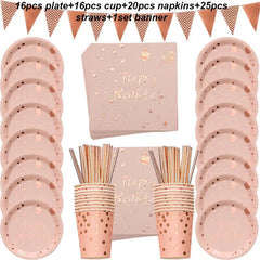 Rose Gold birthday Tableware Paper Towel Cup Plate tablecloth Disposable set Adult Birthday Party Decorations Wedding Tableware - SHOWLU FASHION STORE