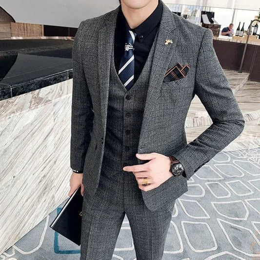 S - 6XL ( Blazer + Vest + Pants ) Brand Men's Formal Business Suit Three - piece Set Groom Wedding Party Dress Solid Color Plaid - SHOWLU FASHION STORE