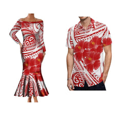 Samoa Hibiscus Flower Custom Polynesian Women'S Dress Men'S Shirt Polynesian Couple Dress Sexy Off - The - Shoulder Long Dress - SHOWLU FASHION STORE