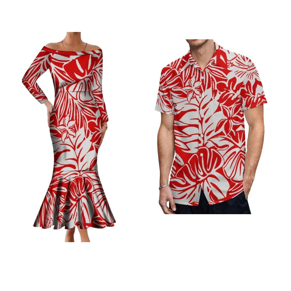 Samoa Hibiscus Flower Custom Polynesian Women'S Dress Men'S Shirt Polynesian Couple Dress Sexy Off - The - Shoulder Long Dress - SHOWLU FASHION STORE