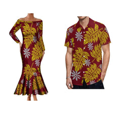 Samoa Hibiscus Flower Custom Polynesian Women'S Dress Men'S Shirt Polynesian Couple Dress Sexy Off - The - Shoulder Long Dress - SHOWLU FASHION STORE