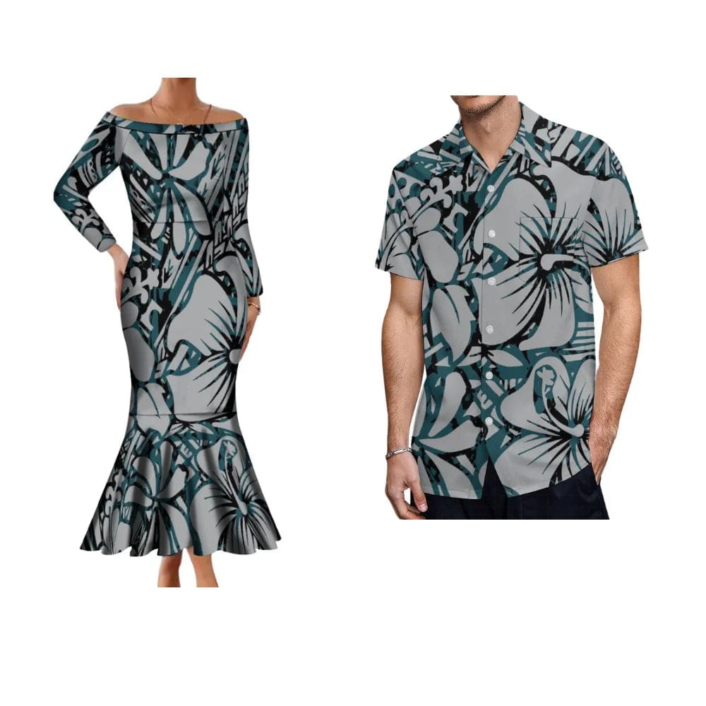 Samoa Hibiscus Flower Custom Polynesian Women'S Dress Men'S Shirt Polynesian Couple Dress Sexy Off - The - Shoulder Long Dress - SHOWLU FASHION STORE