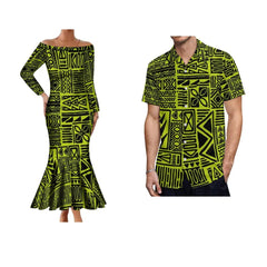 Samoa Hibiscus Flower Custom Polynesian Women'S Dress Men'S Shirt Polynesian Couple Dress Sexy Off - The - Shoulder Long Dress - SHOWLU FASHION STORE