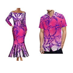 Samoa Hibiscus Flower Custom Polynesian Women'S Dress Men'S Shirt Polynesian Couple Dress Sexy Off - The - Shoulder Long Dress - SHOWLU FASHION STORE