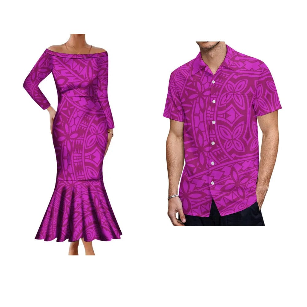 Samoa Hibiscus Flower Custom Polynesian Women'S Dress Men'S Shirt Polynesian Couple Dress Sexy Off - The - Shoulder Long Dress - SHOWLU FASHION STORE