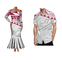 Samoa Hibiscus Flower Custom Polynesian Women'S Dress Men'S Shirt Polynesian Couple Dress Sexy Off - The - Shoulder Long Dress - SHOWLU FASHION STORE