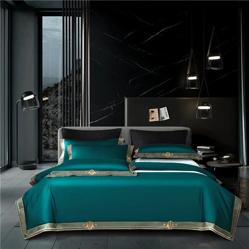 Satin 1200TC Egyptian Cotton Luxury Bedding Set, Gold Embroidery, Queen, King, Duvet Cover, Flat/Fitted Bed Sheet, Pillowcases - SHOWLU FASHION STORE
