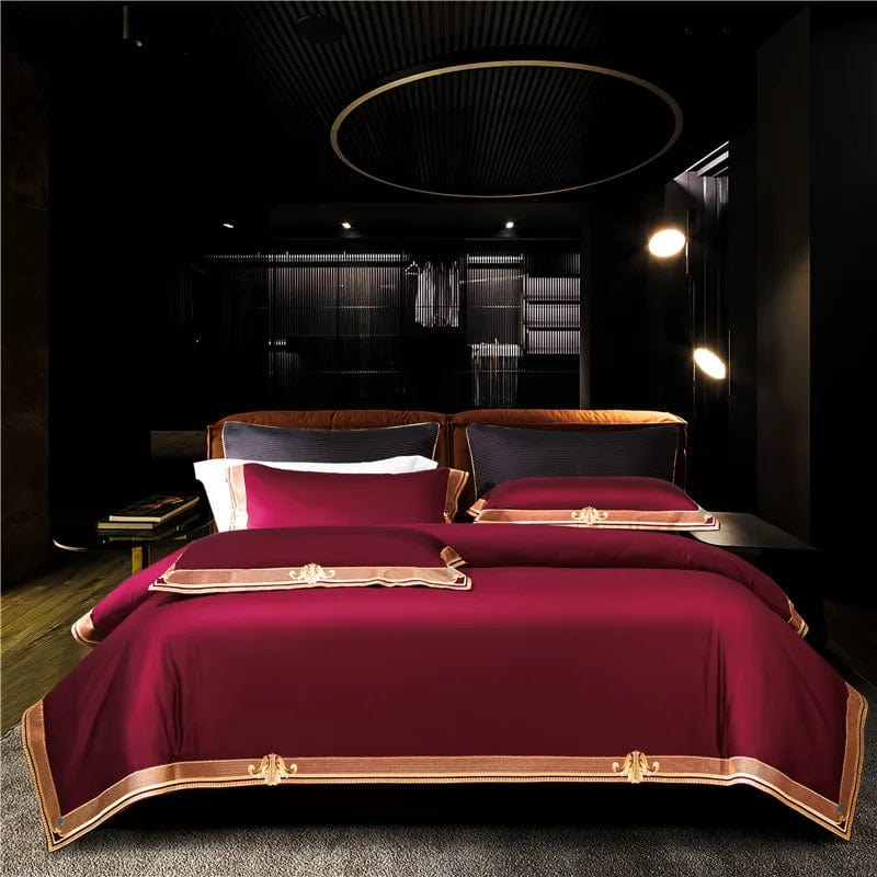 Satin 1200TC Egyptian Cotton Luxury Bedding Set, Gold Embroidery, Queen, King, Duvet Cover, Flat/Fitted Bed Sheet, Pillowcases - SHOWLU FASHION STORE