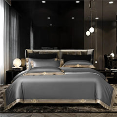 Satin 1200TC Egyptian Cotton Luxury Bedding Set, Gold Embroidery, Queen, King, Duvet Cover, Flat/Fitted Bed Sheet, Pillowcases - SHOWLU FASHION STORE