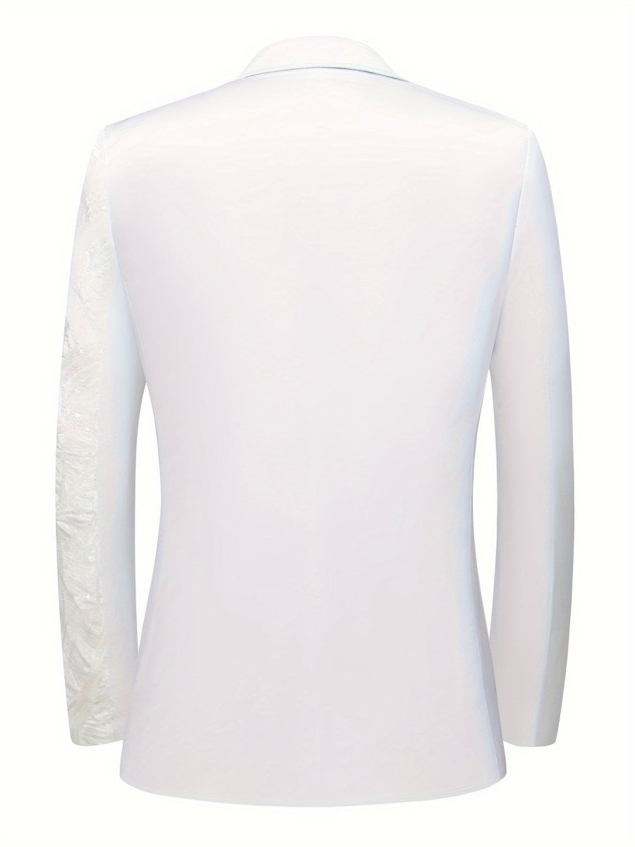 Semi - Formal White Sequin - Adorned Blazer - Men's One - Button Lapel Suit Jacket with Striped Detailing, Long Sleeves, Polyester - Business & Banquets, All - Season - SHOWLU FASHION STORE