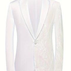 Semi - Formal White Sequin - Adorned Blazer - Men's One - Button Lapel Suit Jacket with Striped Detailing, Long Sleeves, Polyester - Business & Banquets, All - Season - SHOWLU FASHION STORE