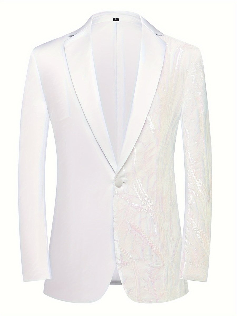 Semi - Formal White Sequin - Adorned Blazer - Men's One - Button Lapel Suit Jacket with Striped Detailing, Long Sleeves, Polyester - Business & Banquets, All - Season - SHOWLU FASHION STORE