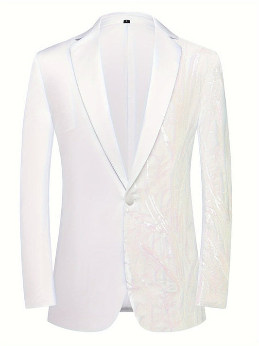 Semi - Formal White Sequin - Adorned Blazer - Men's One - Button Lapel Suit Jacket with Striped Detailing, Long Sleeves, Polyester - Business & Banquets, All - Season - SHOWLU FASHION STORE