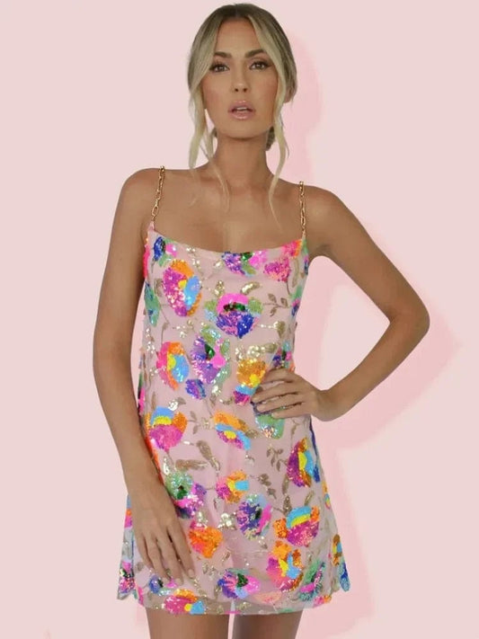 Sequin Sexy Elegant Dress Women Chain Spaghetti Strap Low Cut Backless Short Dress Summer Bohemian Party Dresses Female - SHOWLU FASHION STORE