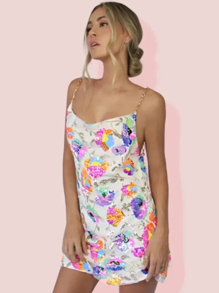 Sequin Sexy Elegant Dress Women Chain Spaghetti Strap Low Cut Backless Short Dress Summer Bohemian Party Dresses Female - SHOWLU FASHION STORE