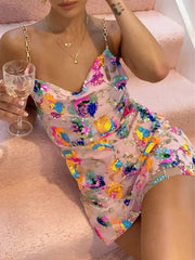 Sequin Sexy Elegant Dress Women Chain Spaghetti Strap Low Cut Backless Short Dress Summer Bohemian Party Dresses Female - SHOWLU FASHION STORE