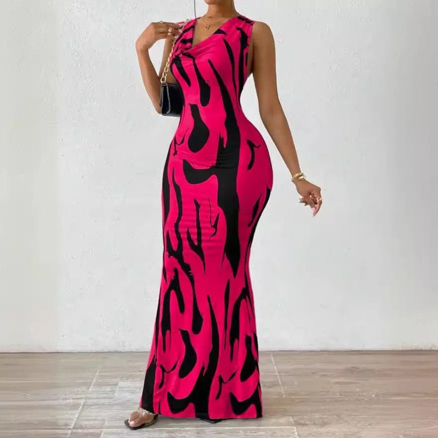 Sexy Bodycon Package hip Party Women's Long Dresses Summer Print Sleeveless Pile Collar Slim Skinny Party Maxi Dress For Women - SHOWLU FASHION STORE