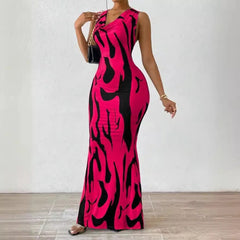 Sexy Bodycon Package hip Party Women's Long Dresses Summer Print Sleeveless Pile Collar Slim Skinny Party Maxi Dress For Women - SHOWLU FASHION STORE