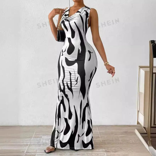 Sexy Bodycon Package hip Party Women's Long Dresses Summer Print Sleeveless Pile Collar Slim Skinny Party Maxi Dress For Women - SHOWLU FASHION STORE