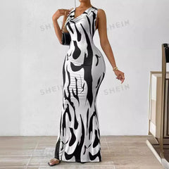 Sexy Bodycon Package hip Party Women's Long Dresses Summer Print Sleeveless Pile Collar Slim Skinny Party Maxi Dress For Women - SHOWLU FASHION STORE