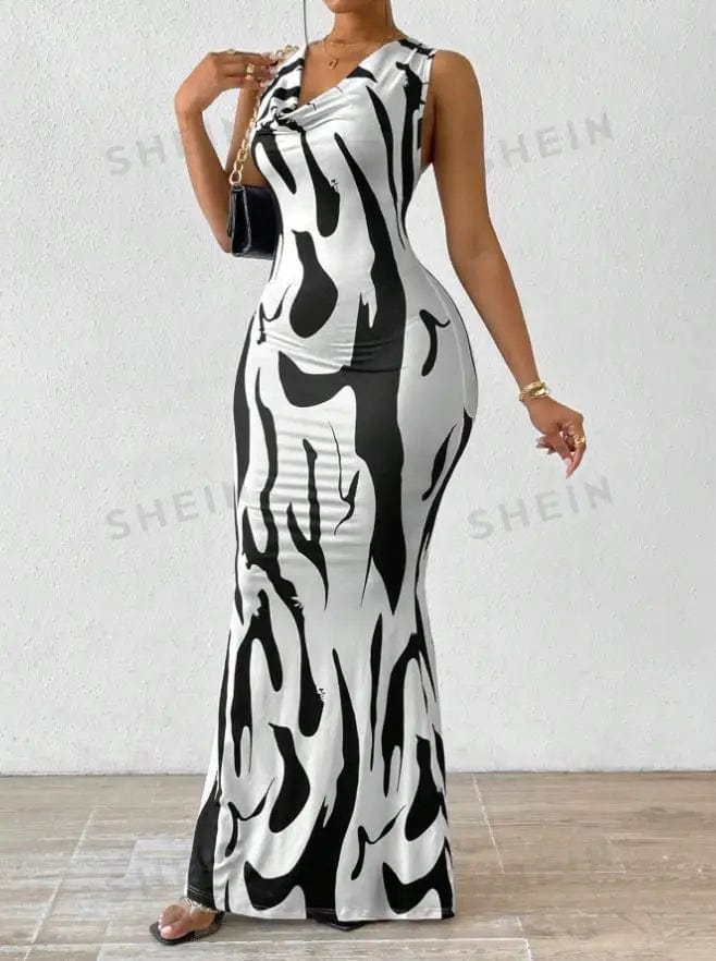 Sexy Bodycon Package hip Party Women's Long Dresses Summer Print Sleeveless Pile Collar Slim Skinny Party Maxi Dress For Women - SHOWLU FASHION STORE