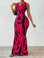 Sexy Bodycon Package hip Party Women's Long Dresses Summer Print Sleeveless Pile Collar Slim Skinny Party Maxi Dress For Women - SHOWLU FASHION STORE